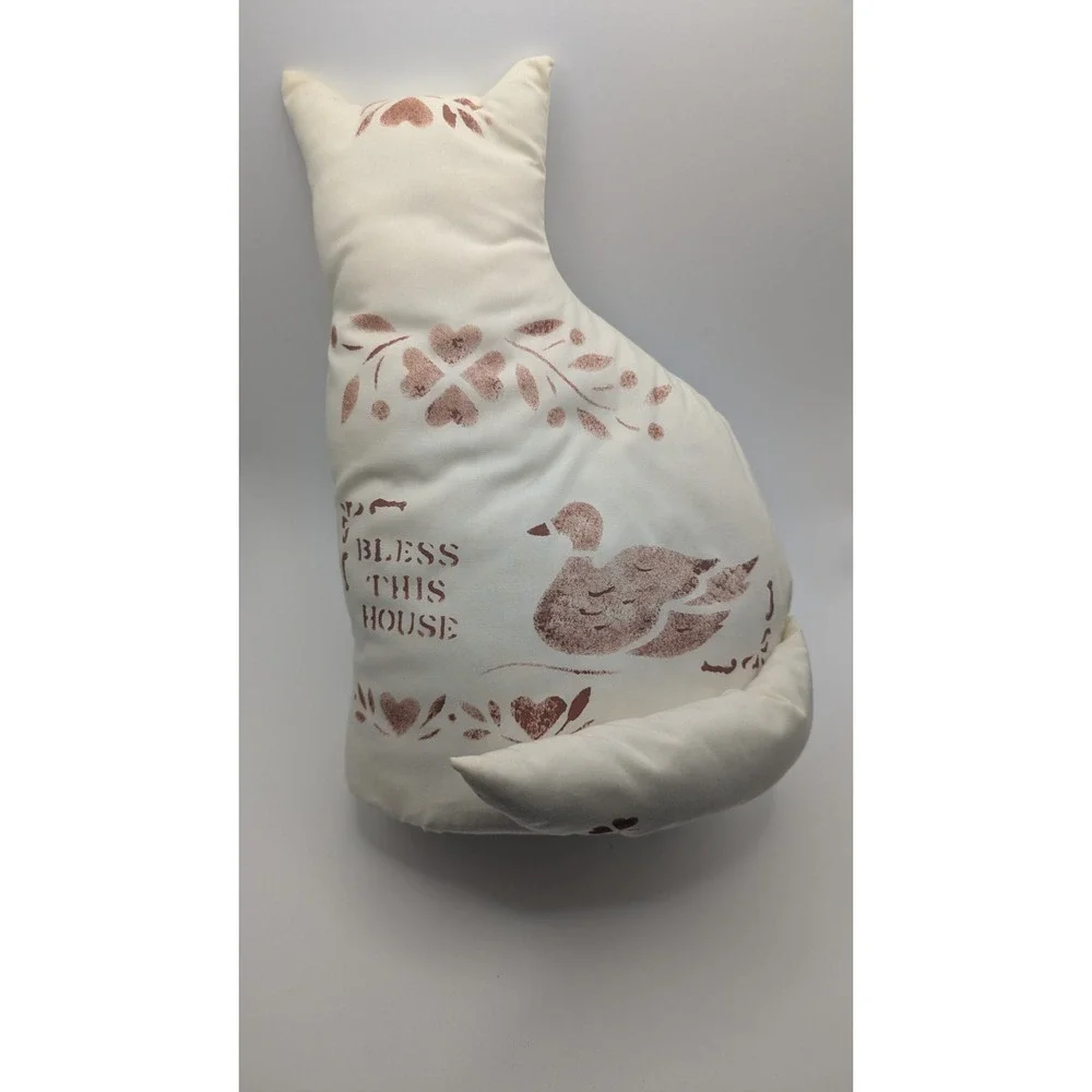 Vintage Style Cat Shaped Decorative Pillow Bless This House Stenciled Duck Cream